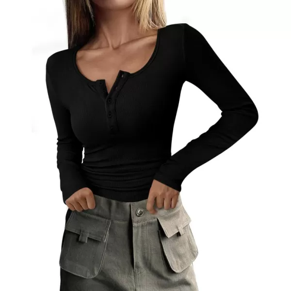 PRETTYGARDEN Womens 2024 Fall Long Sleeve Henley T Shirts Button Ribbed Knit Slim Fit Casual Basic Tops BlouseBlack