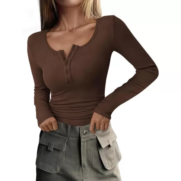 PRETTYGARDEN Womens 2024 Fall Long Sleeve Henley T Shirts Button Ribbed Knit Slim Fit Casual Basic Tops BlouseCoffee