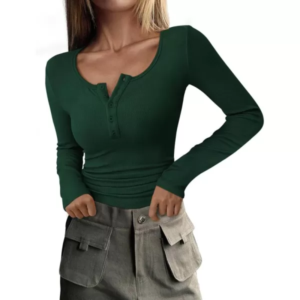 PRETTYGARDEN Womens 2024 Fall Long Sleeve Henley T Shirts Button Ribbed Knit Slim Fit Casual Basic Tops BlouseDark Green