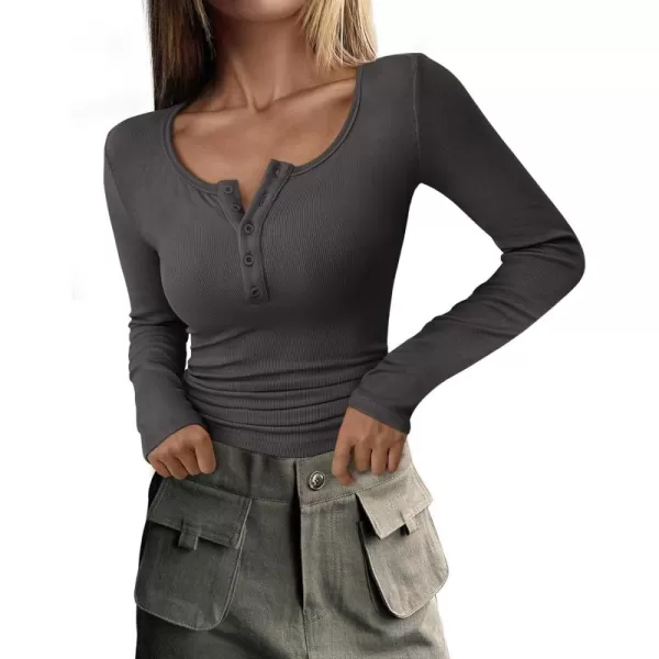 PRETTYGARDEN Womens 2024 Fall Long Sleeve Henley T Shirts Button Ribbed Knit Slim Fit Casual Basic Tops BlouseDark Grey