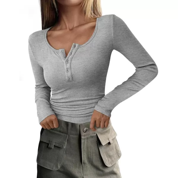 PRETTYGARDEN Womens 2024 Fall Long Sleeve Henley T Shirts Button Ribbed Knit Slim Fit Casual Basic Tops BlouseGrey