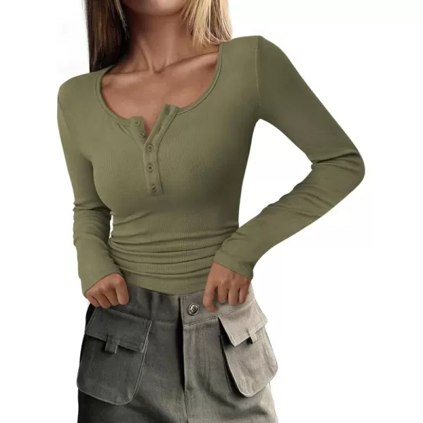 PRETTYGARDEN Womens 2024 Fall Long Sleeve Henley T Shirts Button Ribbed Knit Slim Fit Casual Basic Tops BlouseGrey Green