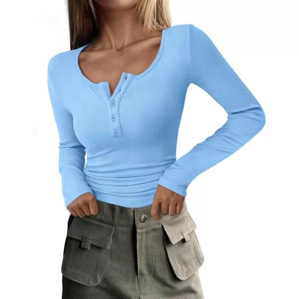 PRETTYGARDEN Womens 2024 Fall Long Sleeve Henley T Shirts Button Ribbed Knit Slim Fit Casual Basic Tops BlouseLight Blue