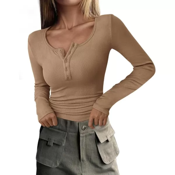 PRETTYGARDEN Womens 2024 Fall Long Sleeve Henley T Shirts Button Ribbed Knit Slim Fit Casual Basic Tops BlouseLight Khaki