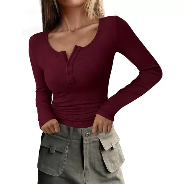 PRETTYGARDEN Womens 2024 Fall Long Sleeve Henley T Shirts Button Ribbed Knit Slim Fit Casual Basic Tops BlouseWine Red