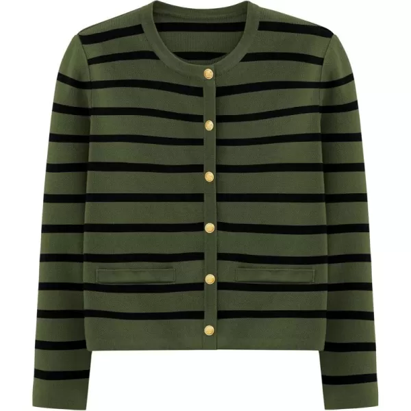 PRETTYGARDEN Womens 2024 Winter Cardigan Sweaters Button Down Open Front Long Sleeve Knit Cardigans Shirt Trendy OuterwearStriped Army Green