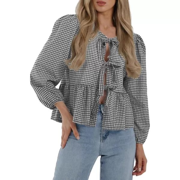 PRETTYGARDEN Womens Babydoll Peplum Blouse Shirt Puff Long Sleeve Bow Tie Front Trendy Cute Y2K Going Out TopsPlaid Black