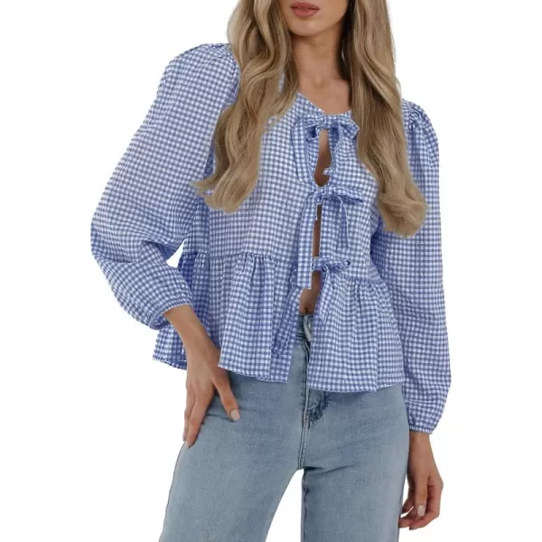 PRETTYGARDEN Womens Babydoll Peplum Blouse Shirt Puff Long Sleeve Bow Tie Front Trendy Cute Y2K Going Out TopsPlaid Blue