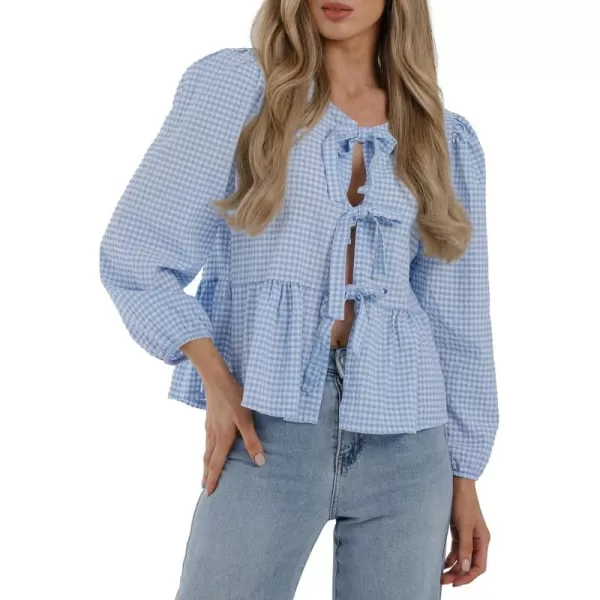 PRETTYGARDEN Womens Babydoll Peplum Blouse Shirt Puff Long Sleeve Bow Tie Front Trendy Cute Y2K Going Out TopsPlaid Light Blue