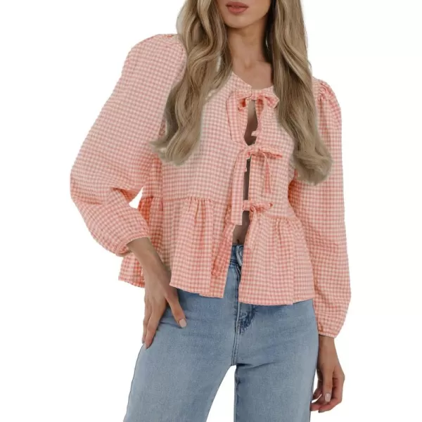 PRETTYGARDEN Womens Babydoll Peplum Blouse Shirt Puff Long Sleeve Bow Tie Front Trendy Cute Y2K Going Out TopsPlaid Pink