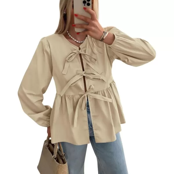 PRETTYGARDEN Womens Babydoll Peplum Blouse Shirt Puff Long Sleeve Bow Tie Front Trendy Cute Y2K Going Out TopsSolid Apricot