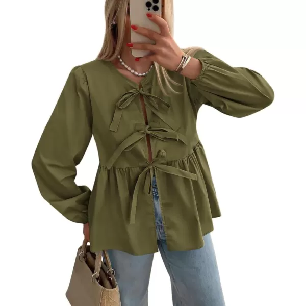 PRETTYGARDEN Womens Babydoll Peplum Blouse Shirt Puff Long Sleeve Bow Tie Front Trendy Cute Y2K Going Out TopsSolid Army Green