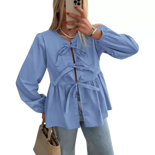 PRETTYGARDEN Womens Babydoll Peplum Blouse Shirt Puff Long Sleeve Bow Tie Front Trendy Cute Y2K Going Out TopsSolid Blue