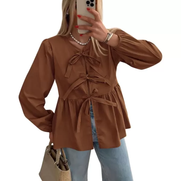 PRETTYGARDEN Womens Babydoll Peplum Blouse Shirt Puff Long Sleeve Bow Tie Front Trendy Cute Y2K Going Out TopsSolid Brown