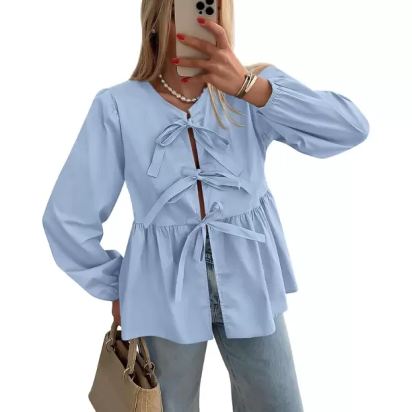 PRETTYGARDEN Womens Babydoll Peplum Blouse Shirt Puff Long Sleeve Bow Tie Front Trendy Cute Y2K Going Out TopsSolid Light Blue