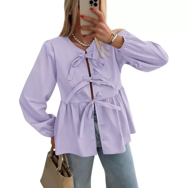 PRETTYGARDEN Womens Babydoll Peplum Blouse Shirt Puff Long Sleeve Bow Tie Front Trendy Cute Y2K Going Out TopsSolid Light Purple