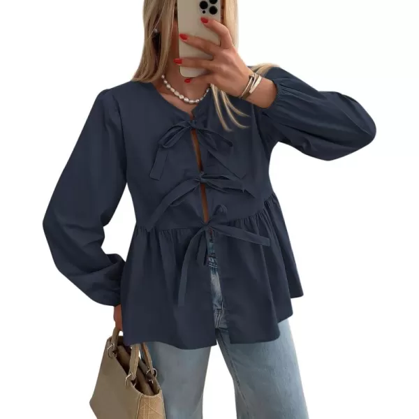 PRETTYGARDEN Womens Babydoll Peplum Blouse Shirt Puff Long Sleeve Bow Tie Front Trendy Cute Y2K Going Out TopsSolid Navy