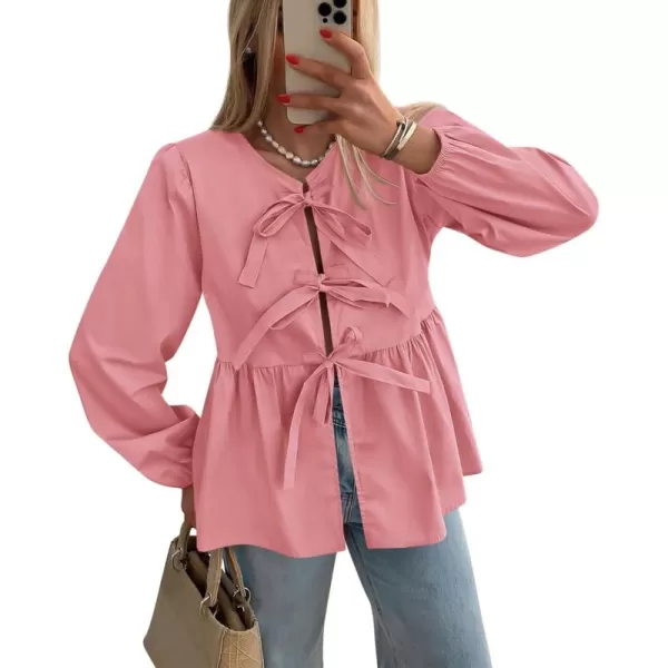 PRETTYGARDEN Womens Babydoll Peplum Blouse Shirt Puff Long Sleeve Bow Tie Front Trendy Cute Y2K Going Out TopsSolid Pink