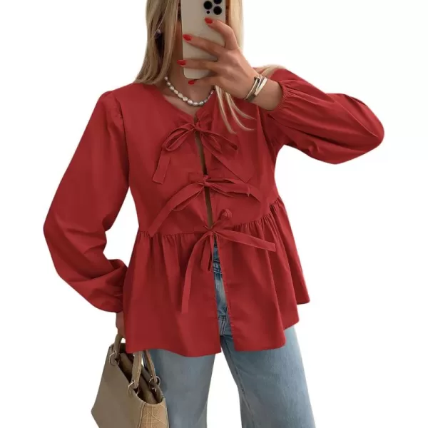 PRETTYGARDEN Womens Babydoll Peplum Blouse Shirt Puff Long Sleeve Bow Tie Front Trendy Cute Y2K Going Out TopsSolid Red