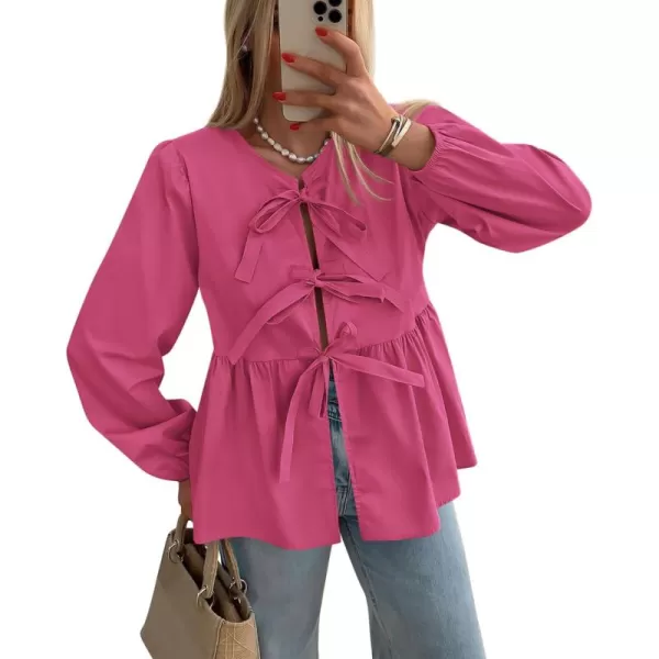 PRETTYGARDEN Womens Babydoll Peplum Blouse Shirt Puff Long Sleeve Bow Tie Front Trendy Cute Y2K Going Out TopsSolid Rose Red