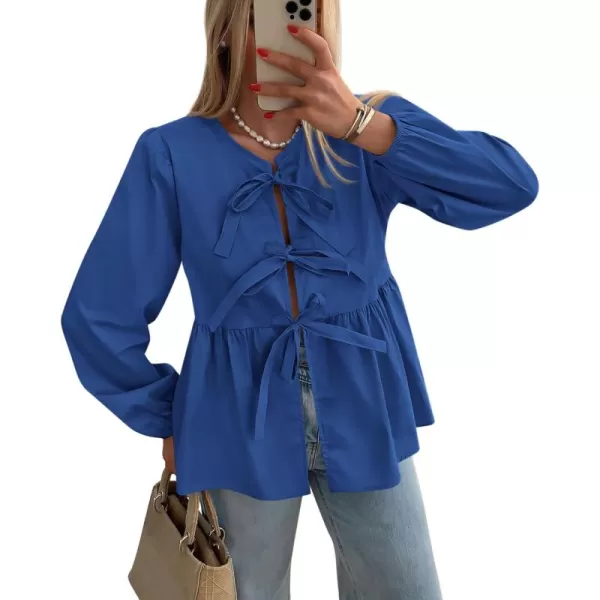 PRETTYGARDEN Womens Babydoll Peplum Blouse Shirt Puff Long Sleeve Bow Tie Front Trendy Cute Y2K Going Out TopsSolid Royal Blue