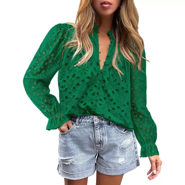 PRETTYGARDEN Womens Dressy Casual Blouse Tops Fall Puff Long Sleeve Button V Neck Hollow Out Lace Embroidered ShirtsDark Green