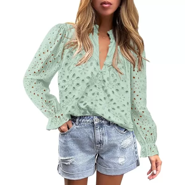 PRETTYGARDEN Womens Dressy Casual Blouse Tops Fall Puff Long Sleeve Button V Neck Hollow Out Lace Embroidered ShirtsLight Green