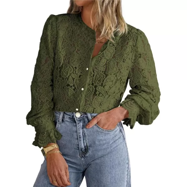 PRETTYGARDEN Womens Dressy Casual Lace Blouse Long Sleeve Button Up Shirts Tops Fall Fashion ClothesArmy Green
