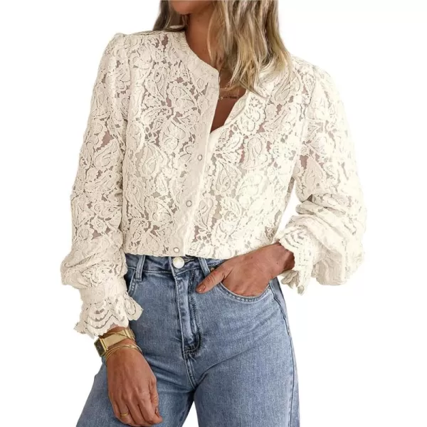 PRETTYGARDEN Womens Dressy Casual Lace Blouse Long Sleeve Button Up Shirts Tops Fall Fashion ClothesBeige