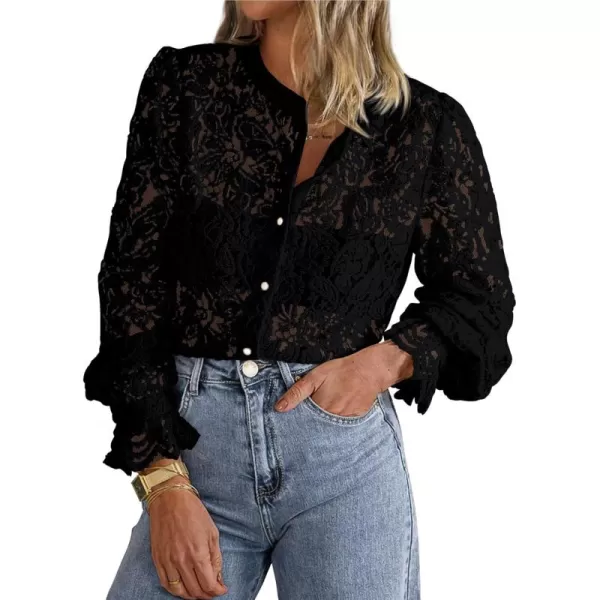 PRETTYGARDEN Womens Dressy Casual Lace Blouse Long Sleeve Button Up Shirts Tops Fall Fashion ClothesBlack