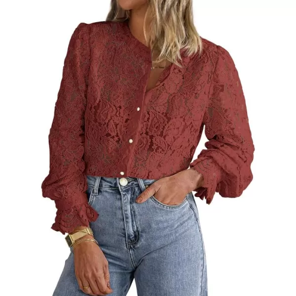PRETTYGARDEN Womens Dressy Casual Lace Blouse Long Sleeve Button Up Shirts Tops Fall Fashion ClothesBrown Red