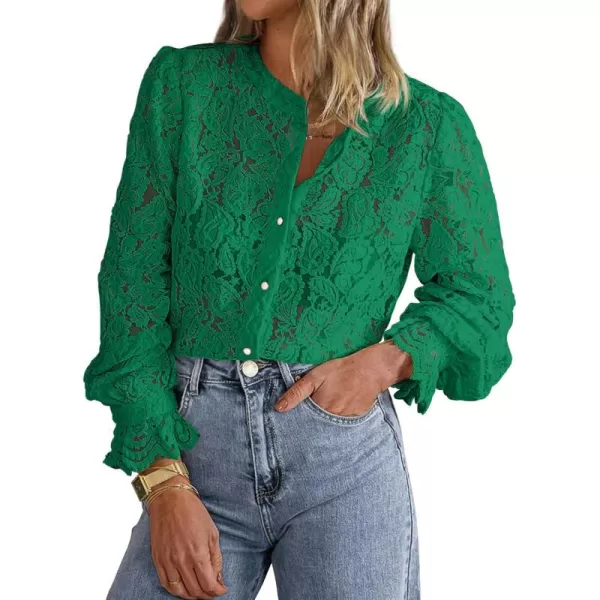 PRETTYGARDEN Womens Dressy Casual Lace Blouse Long Sleeve Button Up Shirts Tops Fall Fashion ClothesDark Green