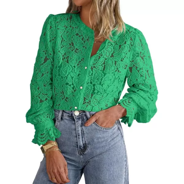 PRETTYGARDEN Womens Dressy Casual Lace Blouse Long Sleeve Button Up Shirts Tops Fall Fashion ClothesGreen