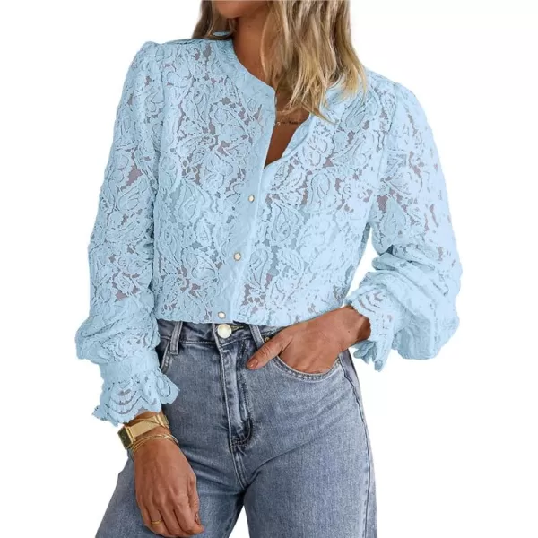 PRETTYGARDEN Womens Dressy Casual Lace Blouse Long Sleeve Button Up Shirts Tops Fall Fashion ClothesLight Blue