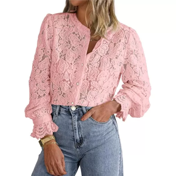 PRETTYGARDEN Womens Dressy Casual Lace Blouse Long Sleeve Button Up Shirts Tops Fall Fashion ClothesPink