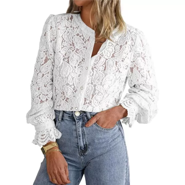 PRETTYGARDEN Womens Dressy Casual Lace Blouse Long Sleeve Button Up Shirts Tops Fall Fashion ClothesWhite
