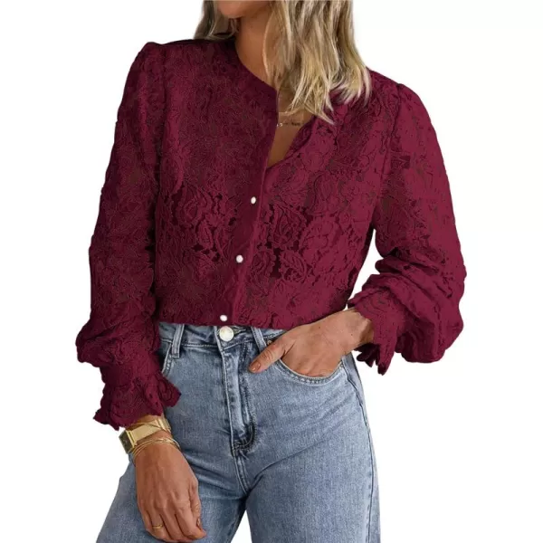 PRETTYGARDEN Womens Dressy Casual Lace Blouse Long Sleeve Button Up Shirts Tops Fall Fashion ClothesWine Red