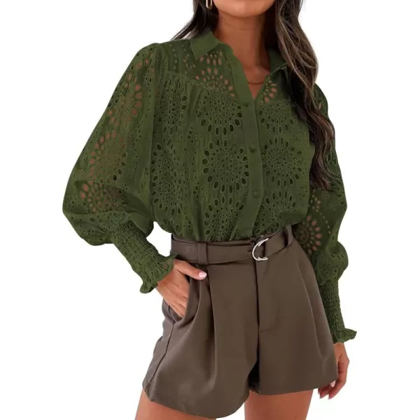 PRETTYGARDEN Womens Fall Button Down Shirts Dressy Casual Long Puff Sleeve Eyelet Loose Fit Collared Blouse TopArmy Green