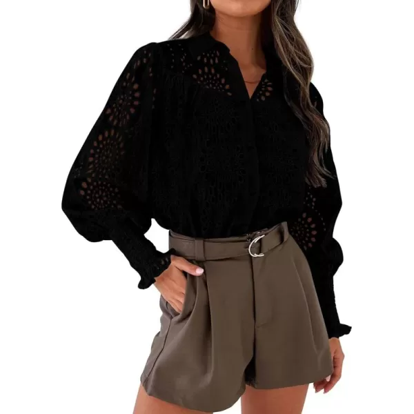 PRETTYGARDEN Womens Fall Button Down Shirts Dressy Casual Long Puff Sleeve Eyelet Loose Fit Collared Blouse TopBlack