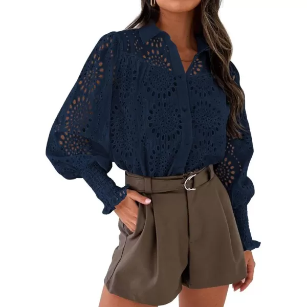 PRETTYGARDEN Womens Fall Button Down Shirts Dressy Casual Long Puff Sleeve Eyelet Loose Fit Collared Blouse TopNavy