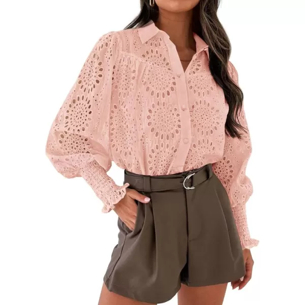PRETTYGARDEN Womens Fall Button Down Shirts Dressy Casual Long Puff Sleeve Eyelet Loose Fit Collared Blouse TopPink