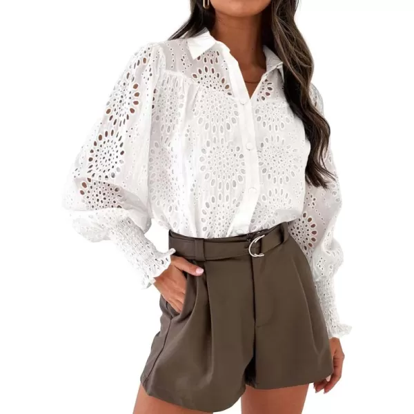 PRETTYGARDEN Womens Fall Button Down Shirts Dressy Casual Long Puff Sleeve Eyelet Loose Fit Collared Blouse TopWhite
