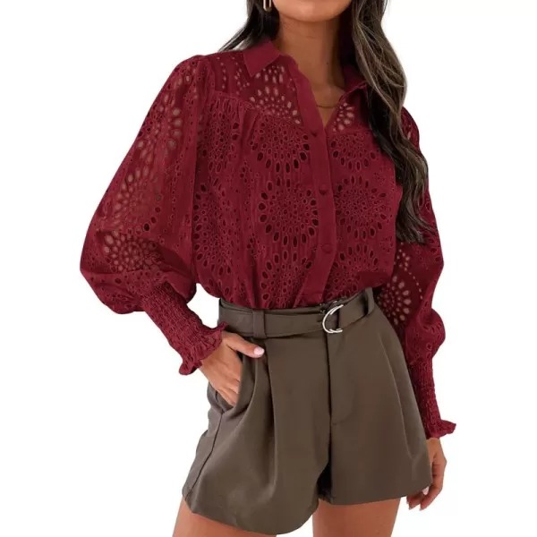 PRETTYGARDEN Womens Fall Button Down Shirts Dressy Casual Long Puff Sleeve Eyelet Loose Fit Collared Blouse TopWine Red