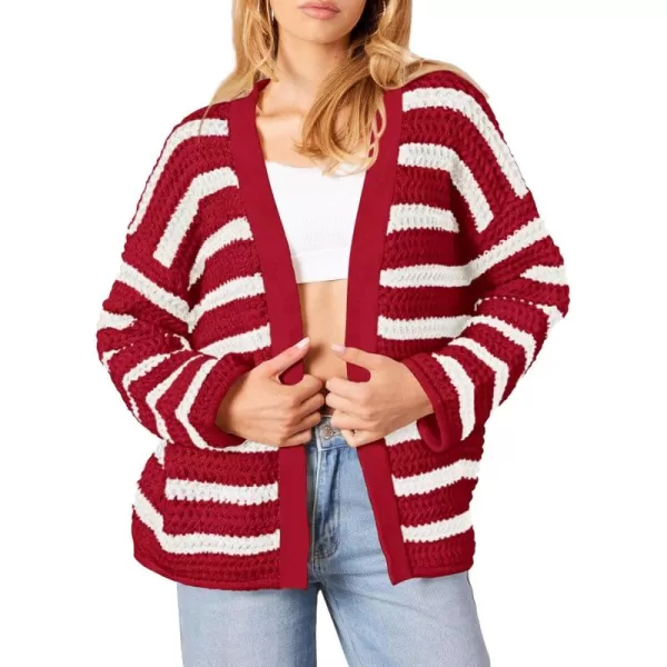 PRETTYGARDEN Womens Fall Striped Cardigan Sweaters Chunky Knit Long Sleeve Open Front Loose Fit Trendy Fashion OuterwearStriped Wine Red White