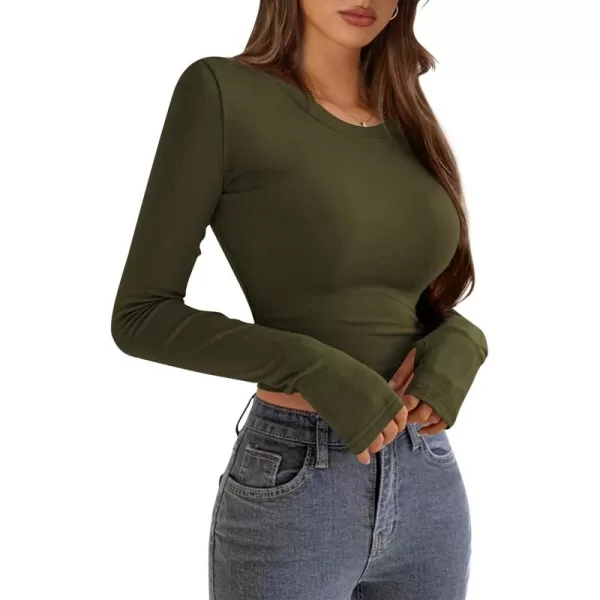 PRETTYGARDEN Womens Long Sleeve Crop Tops Y2K Fall Fashion Clothes Basic Slim Fit Tee Shirts BlouseArmy Green