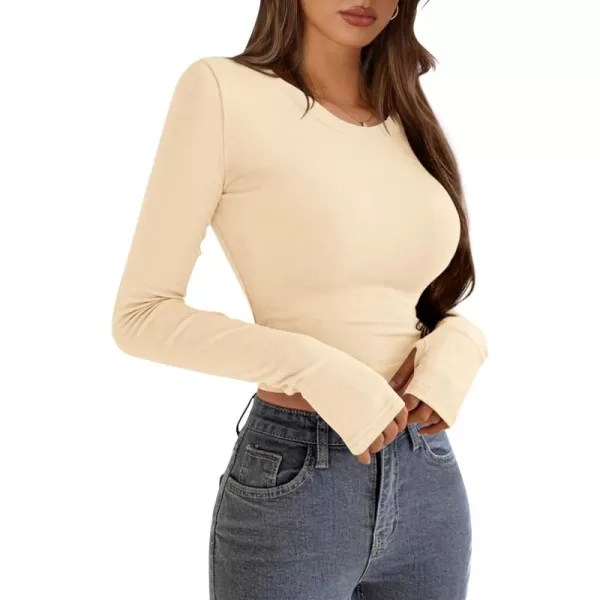 PRETTYGARDEN Womens Long Sleeve Crop Tops Y2K Fall Fashion Clothes Basic Slim Fit Tee Shirts BlouseBeige