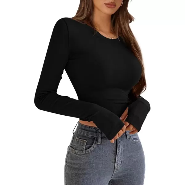 PRETTYGARDEN Womens Long Sleeve Crop Tops Y2K Fall Fashion Clothes Basic Slim Fit Tee Shirts BlouseBlack