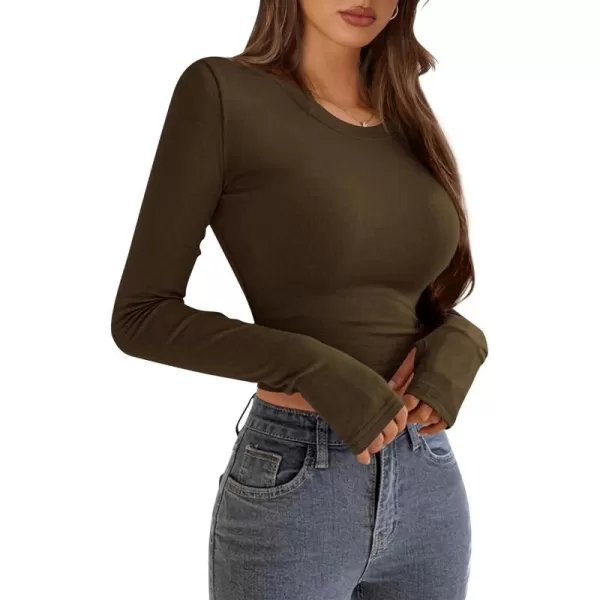 PRETTYGARDEN Womens Long Sleeve Crop Tops Y2K Fall Fashion Clothes Basic Slim Fit Tee Shirts BlouseDark Brown