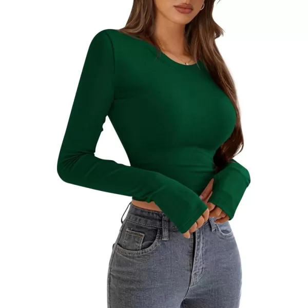 PRETTYGARDEN Womens Long Sleeve Crop Tops Y2K Fall Fashion Clothes Basic Slim Fit Tee Shirts BlouseGreen