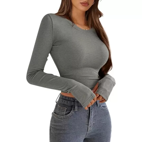 PRETTYGARDEN Womens Long Sleeve Crop Tops Y2K Fall Fashion Clothes Basic Slim Fit Tee Shirts BlouseGrey
